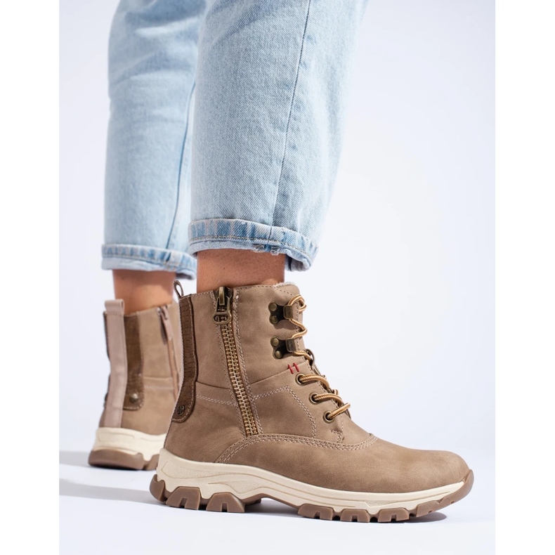 Dámské šněrovací kozačky s ozdobným zipem hnědý 2