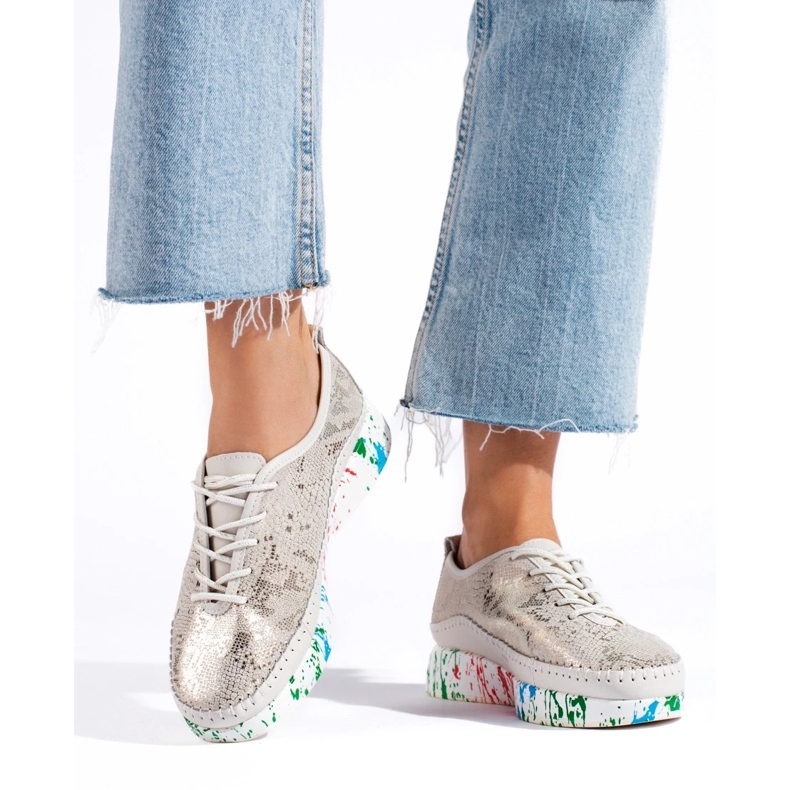 Dámské kožené boty s barevnou platformou Shelvt zlatý 2