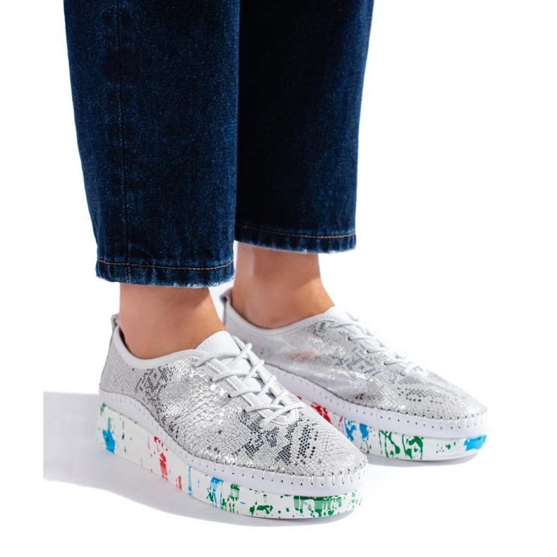 Dámské stříbrné kožené boty s barevnou platformou Shelovet stříbrný 2