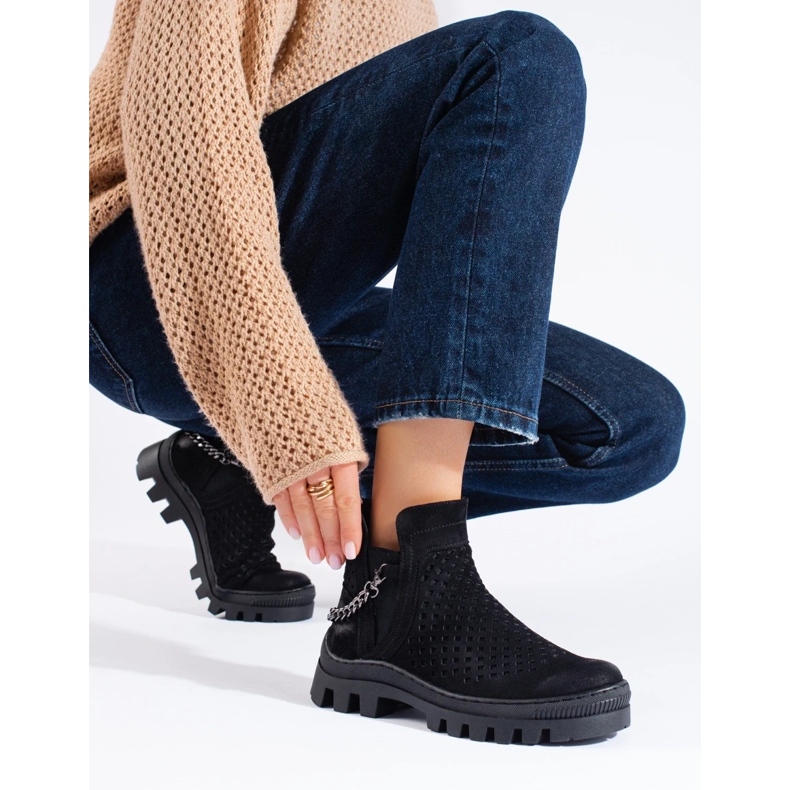 W. Potocki Semišové prolamované dámské kotníkové boty, černé, Potocki černá 1