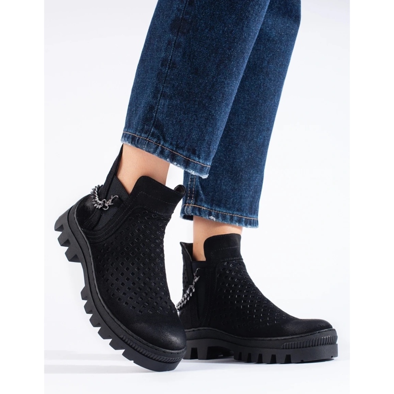 W. Potocki Semišové prolamované dámské kotníkové boty, černé, Potocki černá 2