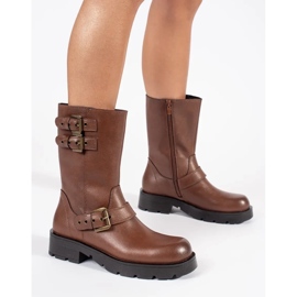 Hnědé kožené dámské kotníkové boty na platformě zdobené pruhy Sergio Leone hnědý 1