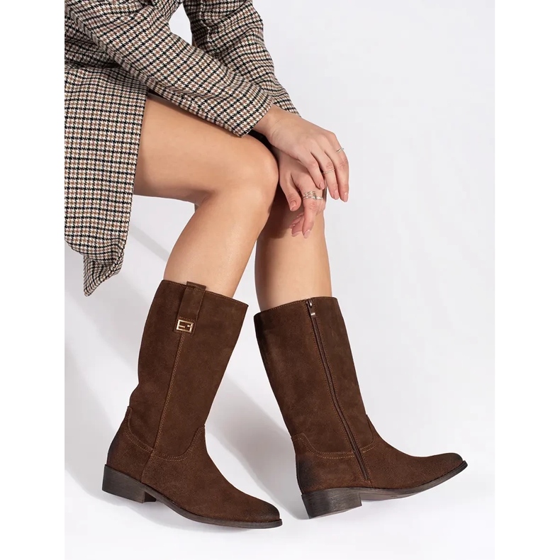 Hnědé kožené dámské kovbojské boty na vysokém podpatku značky Sergio Leone hnědý 1