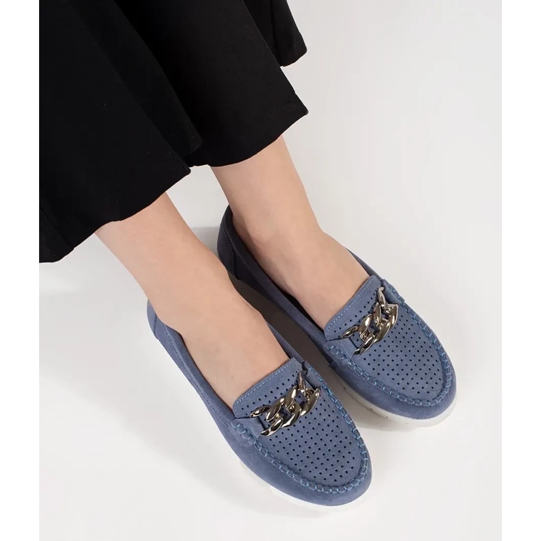 Goodin Kožené modré mokasíny s řetězem na platformě modrý 1