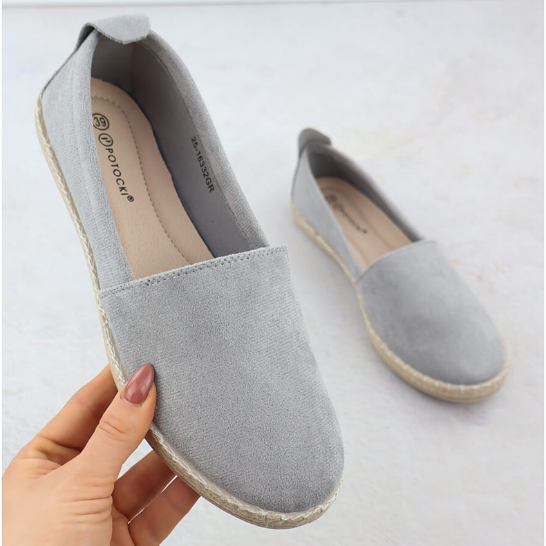 Espadrilles Dámské posuvné semišové šedé Potocki PY16332 šedá 1 Espadrilles Dámské posuvné semišové šedé Potocki PY16332 šedá 1