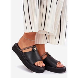 S.Barski Dámské kožené pantofle na plošině s dekorativním pásem D&amp;A MK51-475 Black černá 1