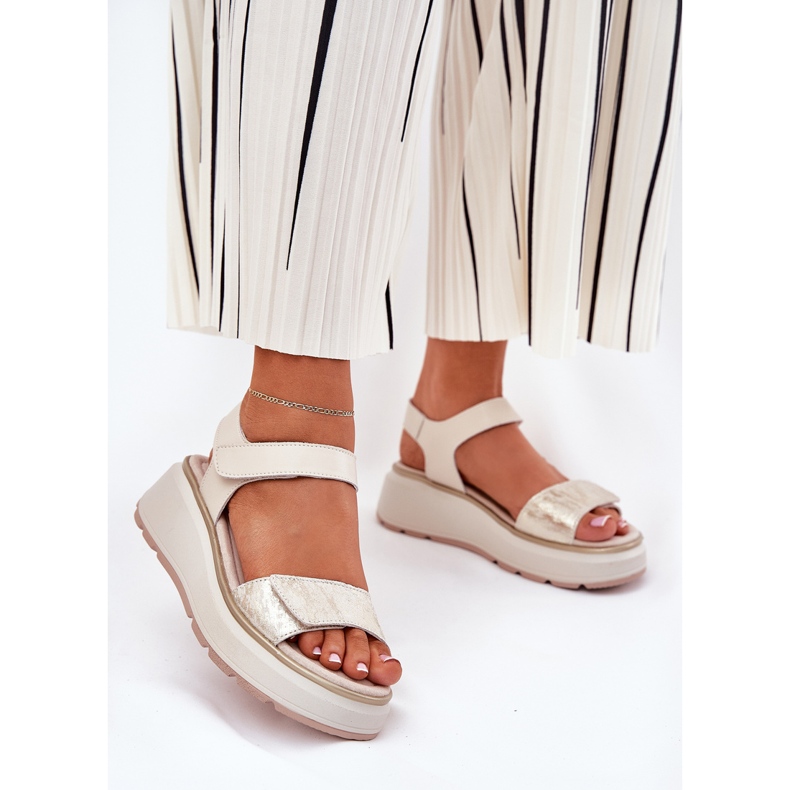 S.Barski Dámská platforma a suchý zip z kožených sandálů S. Barski LR51-543 Zlato zlatý 2