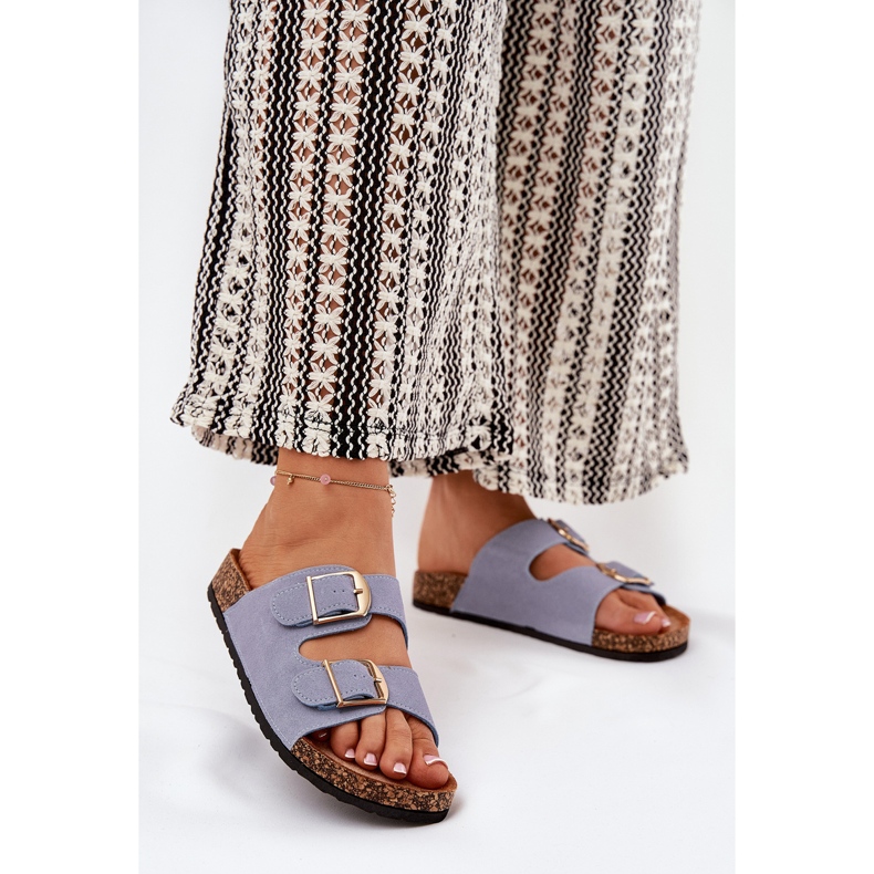 Dámské žabky na plošinu Cork se zlatými spony modrou modrý 2 Dámské žabky na plošinu Cork se zlatými spony modrou modrý 2