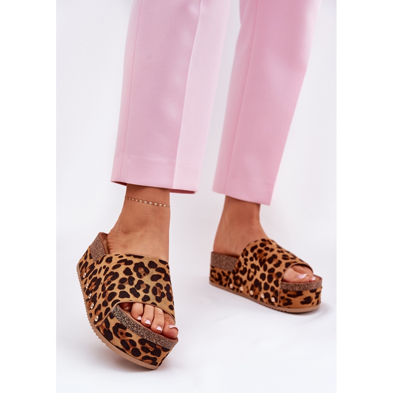 Dámské žabky na masivní platformě Eco Suede Leopard Print Brown hnědý 2