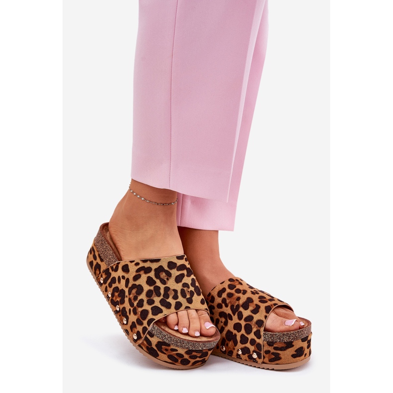 Dámské žabky na masivní platformě Eco Suede Leopard Print Brown hnědý 1