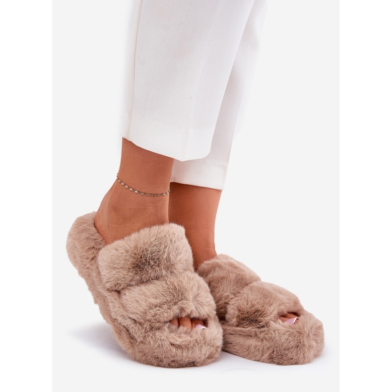 Dámské kožešinové pantofle na platformě Khaki béžový 1