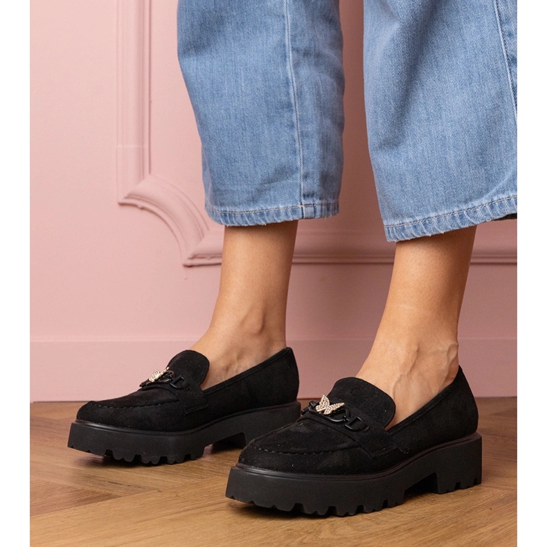 Black Women Mokasíny se zirkonským motýlem černá 1