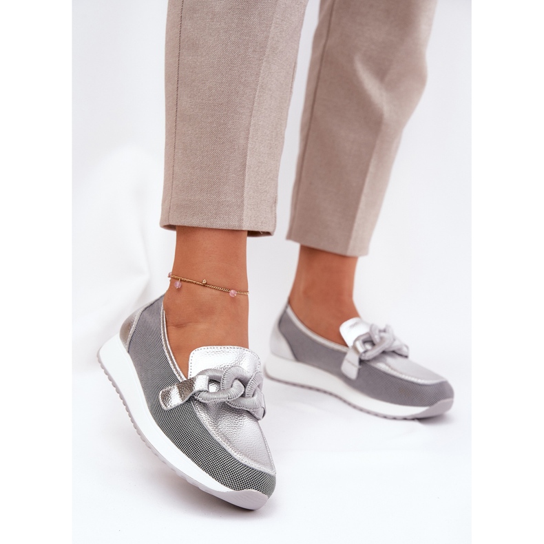 S.Barski Dámské kožené mokasíny s ozdobou LR51-966 stříbrný 2