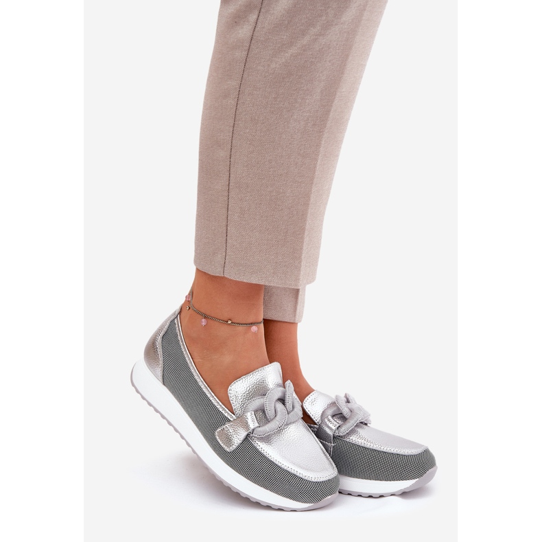 S.Barski Dámské kožené mokasíny s ozdobou LR51-966 stříbrný 1