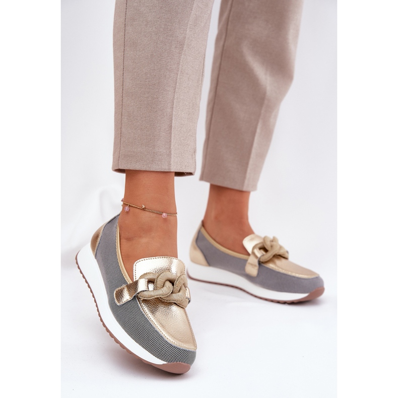 S.Barski Dámské kožené mokasíny s ozdobou LR51-966 zlatý 2