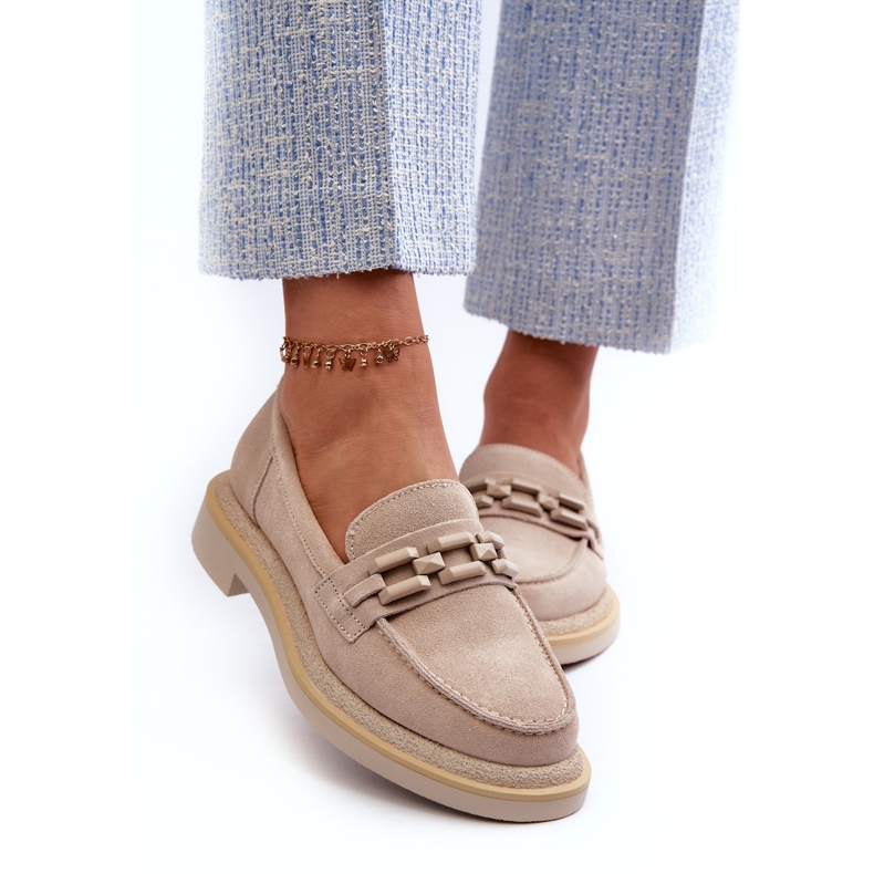 S.Barski Dámské kožené mokasíny s plochým podpatkem s dekorací Tw101 Light Beige béžový 2