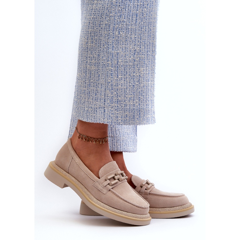 S.Barski Dámské kožené mokasíny s plochým podpatkem s dekorací Tw101 Light Beige béžový 1