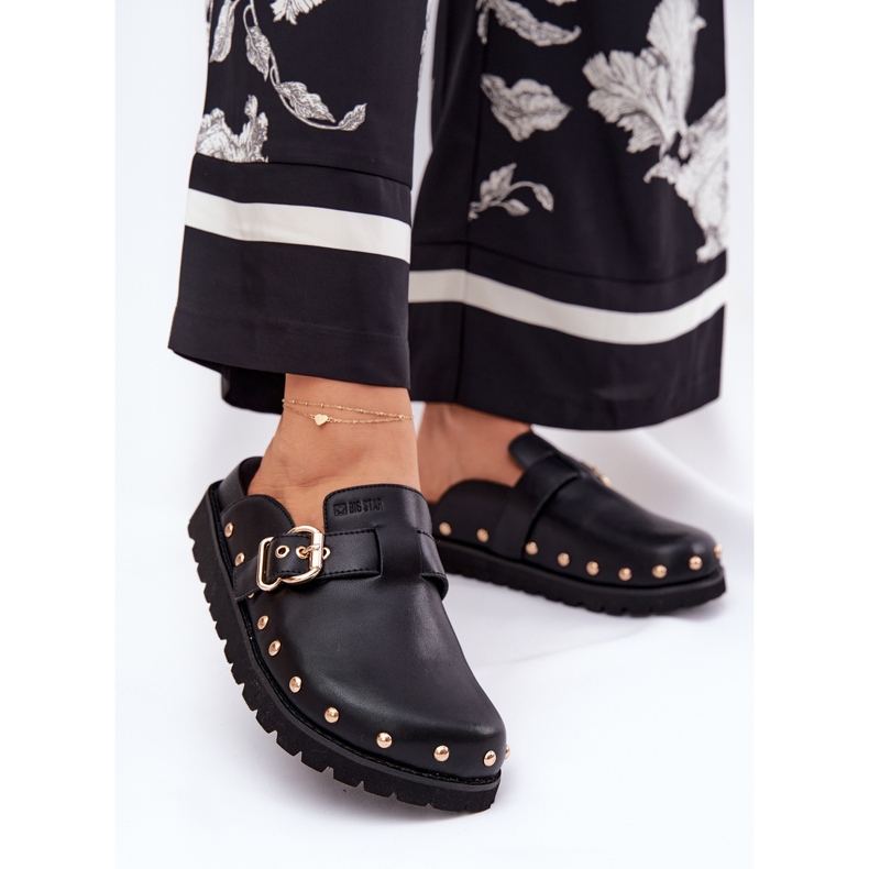 Big Star Kožená flip -flops Dámské ucpávky na velké hvězdě RR274A378 Černá platforma 2