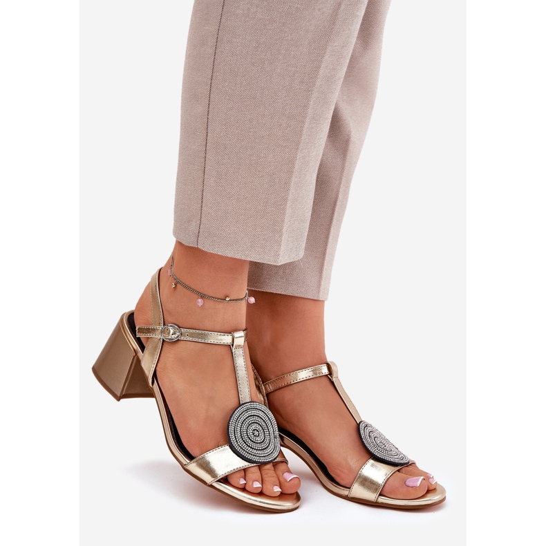 S.Barski Kožené sandály na příspěvku s dekorací JC51-842 Gold zlatý 1