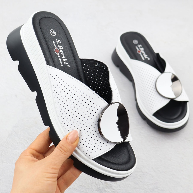 S.Barski Dámské kožené žabky Otevřené práce Białe S. Barski LR51-662 bílý 1