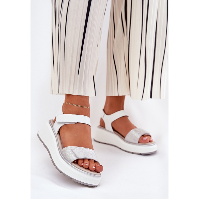 S.Barski Platforma pro dámské kožené sandály a suchý zip S. Barski LR51-543 stříbrný 2