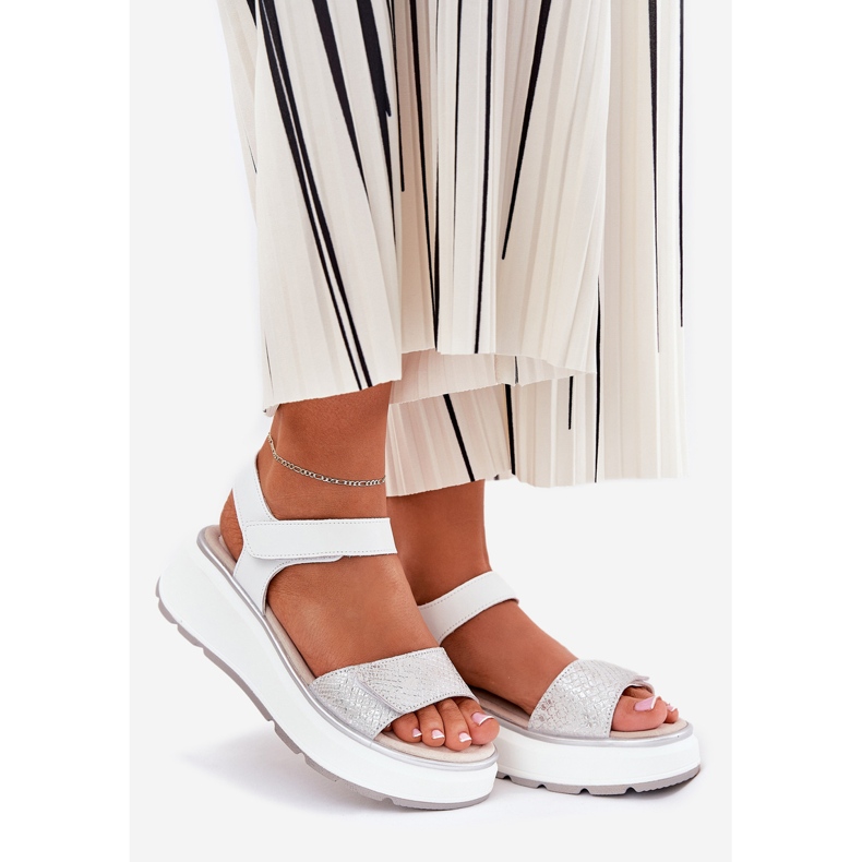 S.Barski Platforma pro dámské kožené sandály a suchý zip S. Barski LR51-543 stříbrný 1