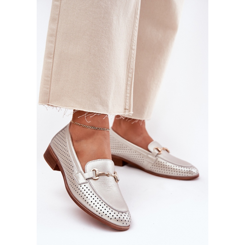 S.Barski Dámské kožené mokasíny s plochým podpatkem S. Barski LR51-594 stříbrný 2