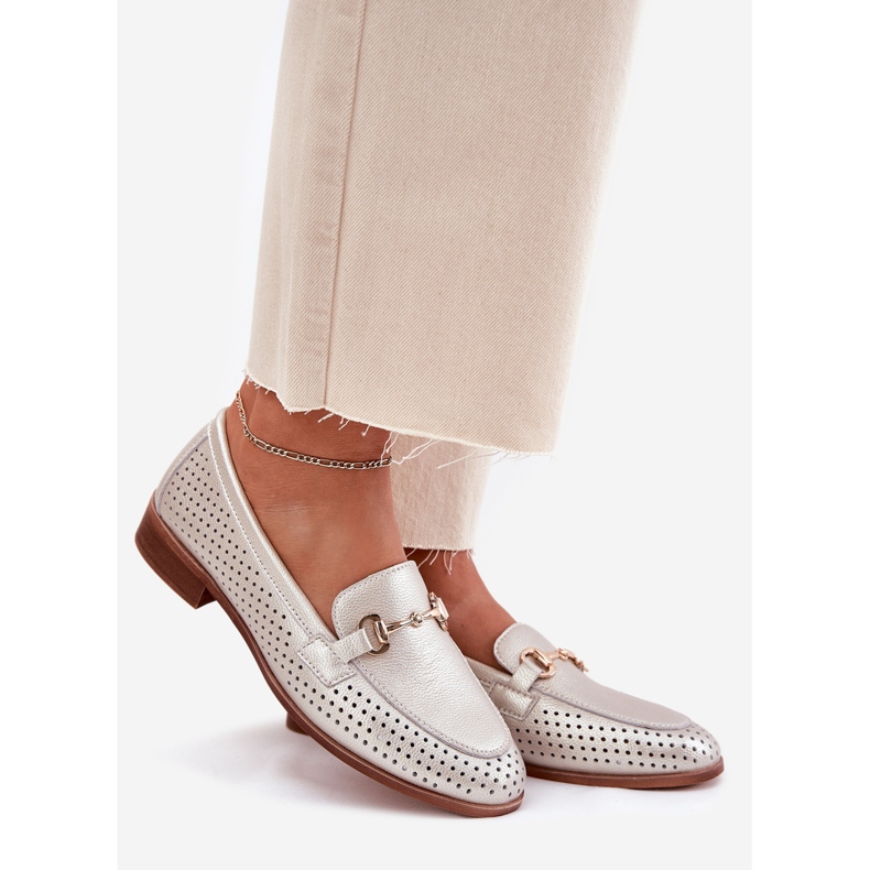 S.Barski Dámské kožené mokasíny s plochým podpatkem S. Barski LR51-594 stříbrný 1