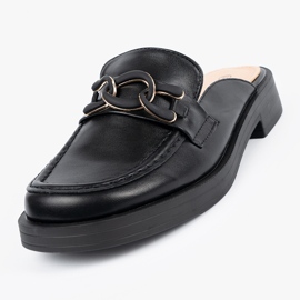 Shelvt Black Low -heel Eco -Teather žabky s řetězem černý 2