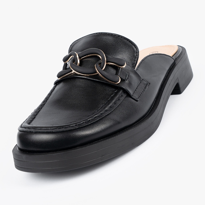 Shelvt Black Low -heel Eco -Teather žabky s řetězem černý 2