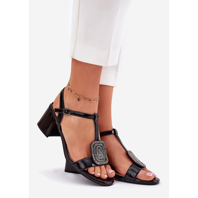 Vinceza Kožené lakované dámské sandály na příspěvku s dekorací Vincez 91134 Black černá 1