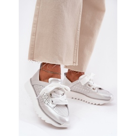 S.Barski Dámské kožené tenisky na stříbrné platformě LR51-796 stříbrný 2