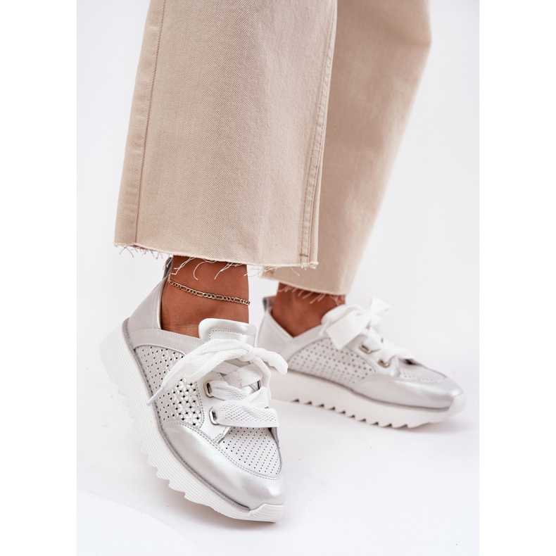 S.Barski Dámské kožené tenisky na stříbrné platformě LR51-796 stříbrný 2