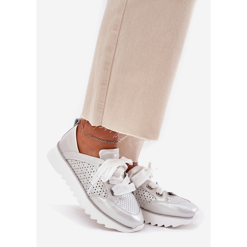 S.Barski Dámské kožené tenisky na stříbrné platformě LR51-796 stříbrný 1