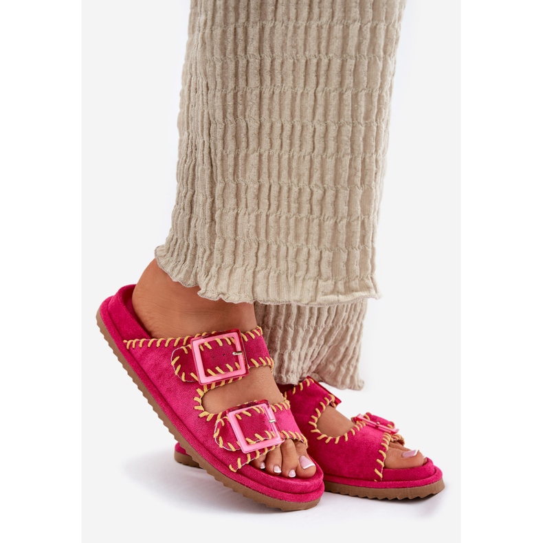 Inna Dámské žabky s sponami a dekorativním lemem Fuchsie růžový 1