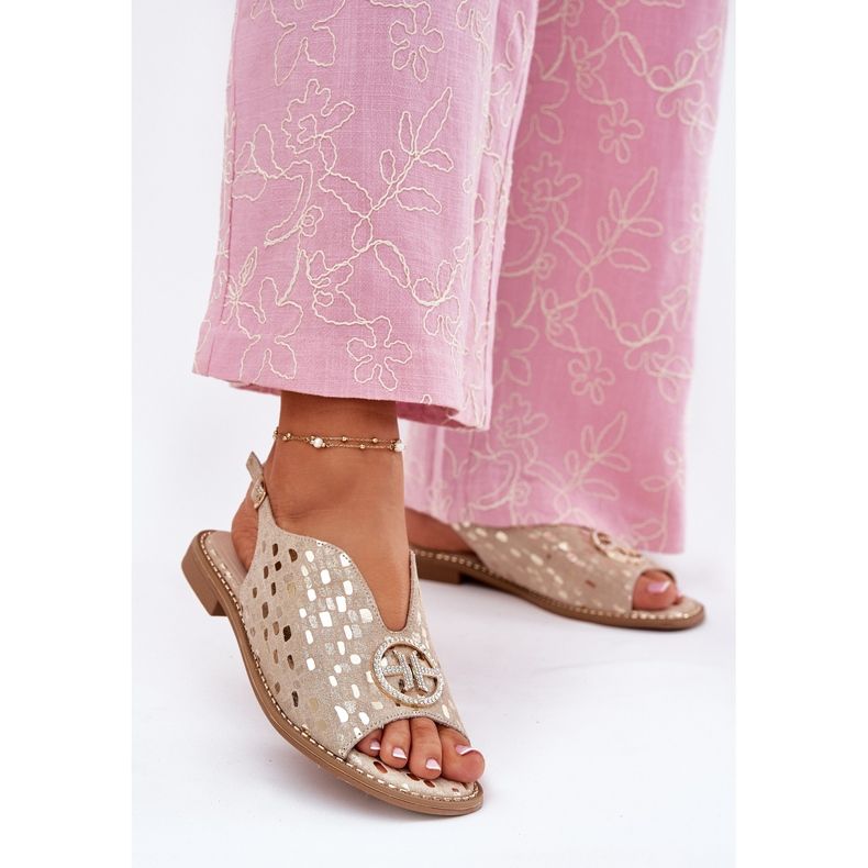 S.Barski Kožené sandály s plochým podpatkem s ozdobou S. Barski KV51-094 PLN zlatý 2