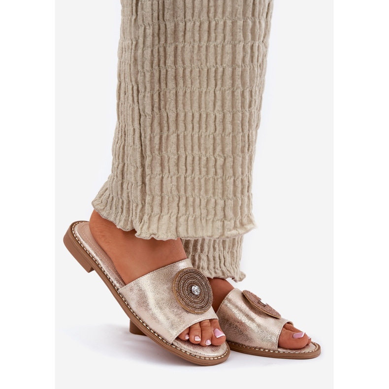 S.Barski Dámské žabky na podpatky s ozdobou S. Barski KV51-013 Zloty zlatý 1