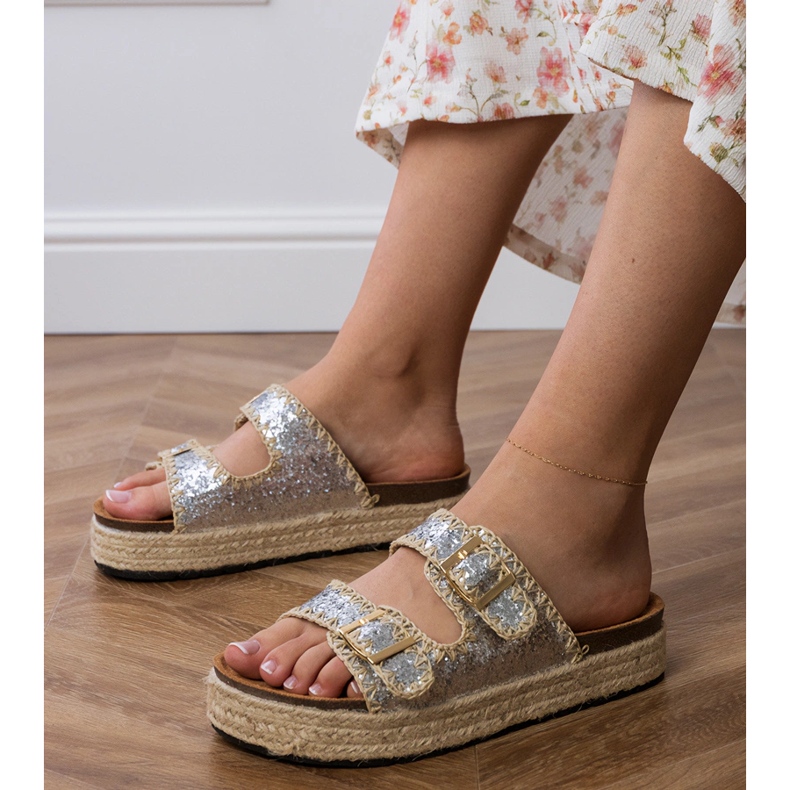 Stříbrné třpytky espadrilles s spony stříbrný 1 Stříbrné třpytky espadrilles s spony stříbrný 1