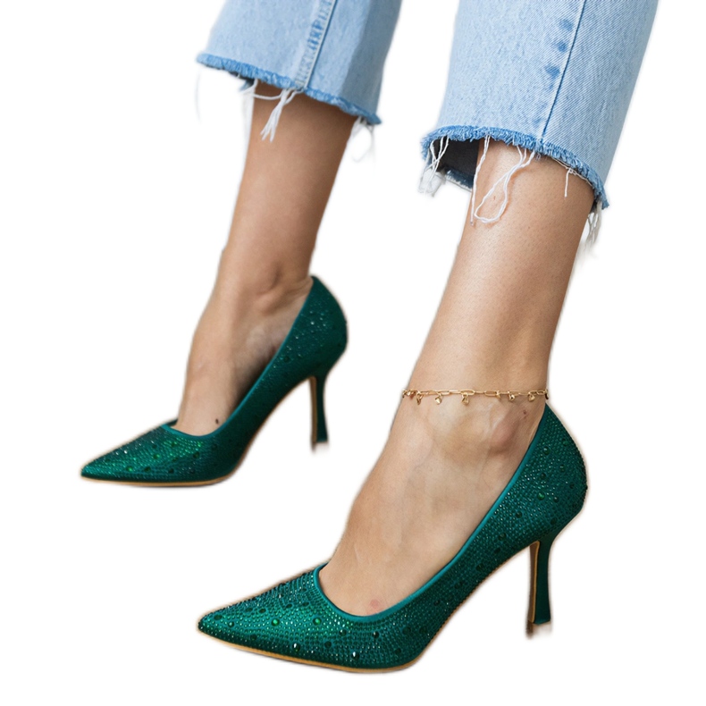 Zelené saténové čerpadla se zirkony zelená 1