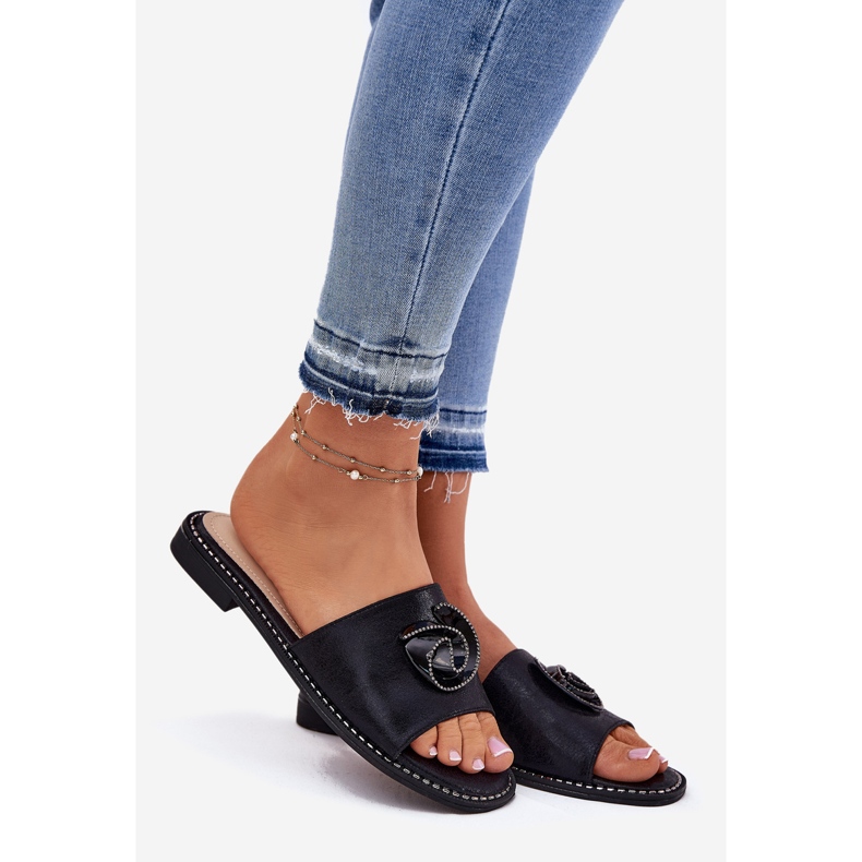 S.Barski Dámské žabky na podpatky s dekorativními KV51-007 Black Detail Black černý 1