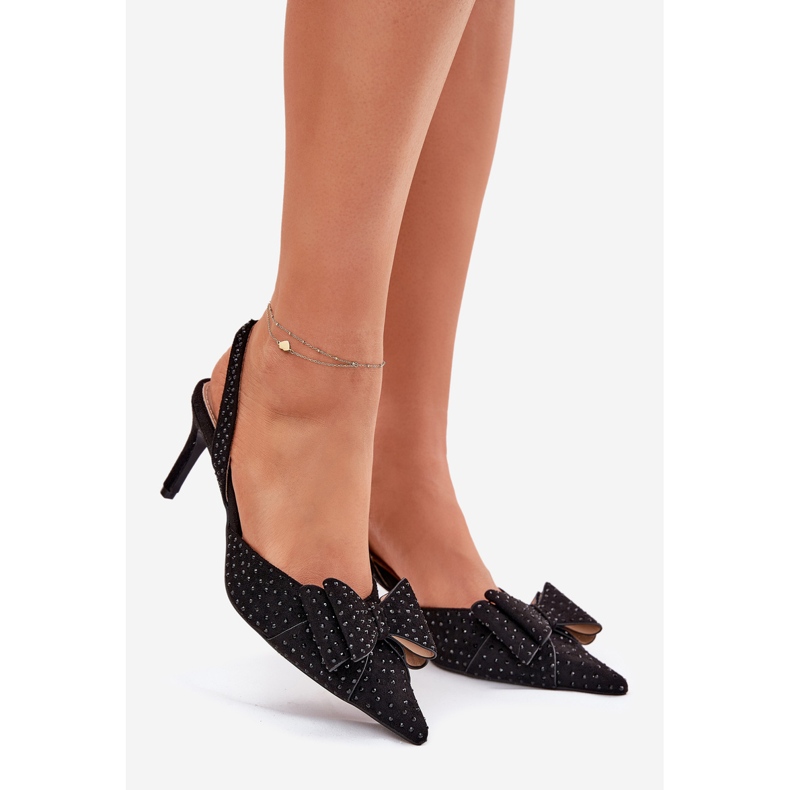 Zdobené vysoké podpatky s otevřenou patou a černým lukem černá 1 Zdobené vysoké podpatky s otevřenou patou a černým lukem černá 1