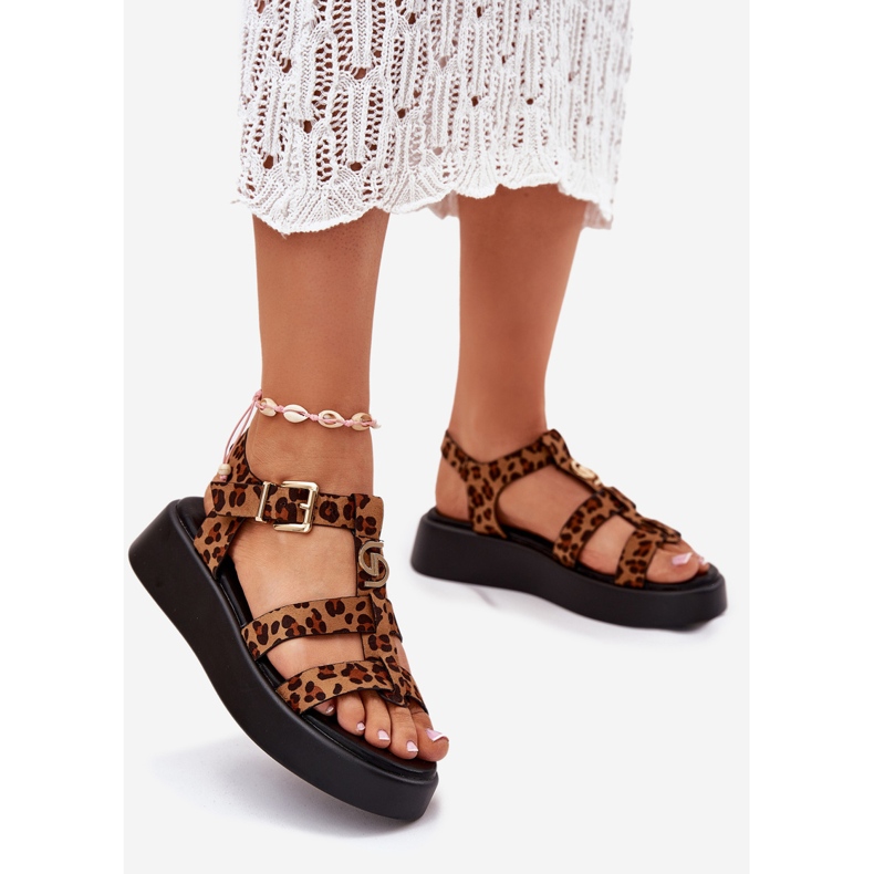 Dámské sandály na platformě se zlatým detailem leopardem hnědý 1 Dámské sandály na platformě se zlatým detailem leopardem hnědý 1