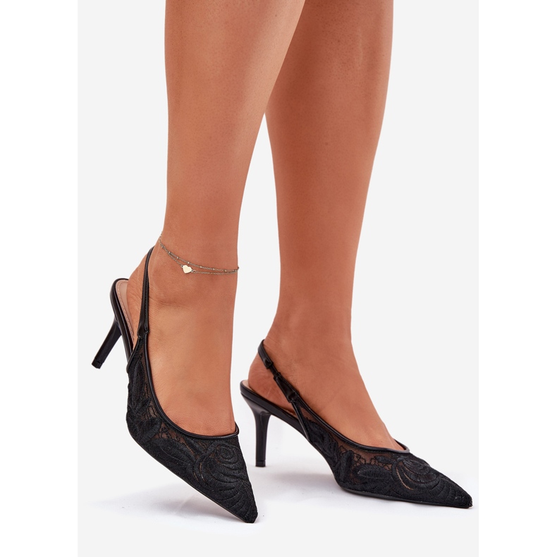 Krajkové podpatky sandály s otevřenou patou černou černá 2 Krajkové podpatky sandály s otevřenou patou černou černá 2