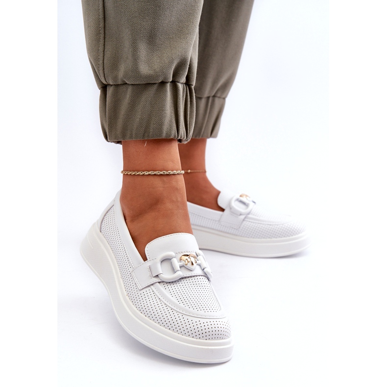 S.Barski Dámské kožené mokasíny na Platformě Białe S. Barski LR720 s ozdobou bílý 3