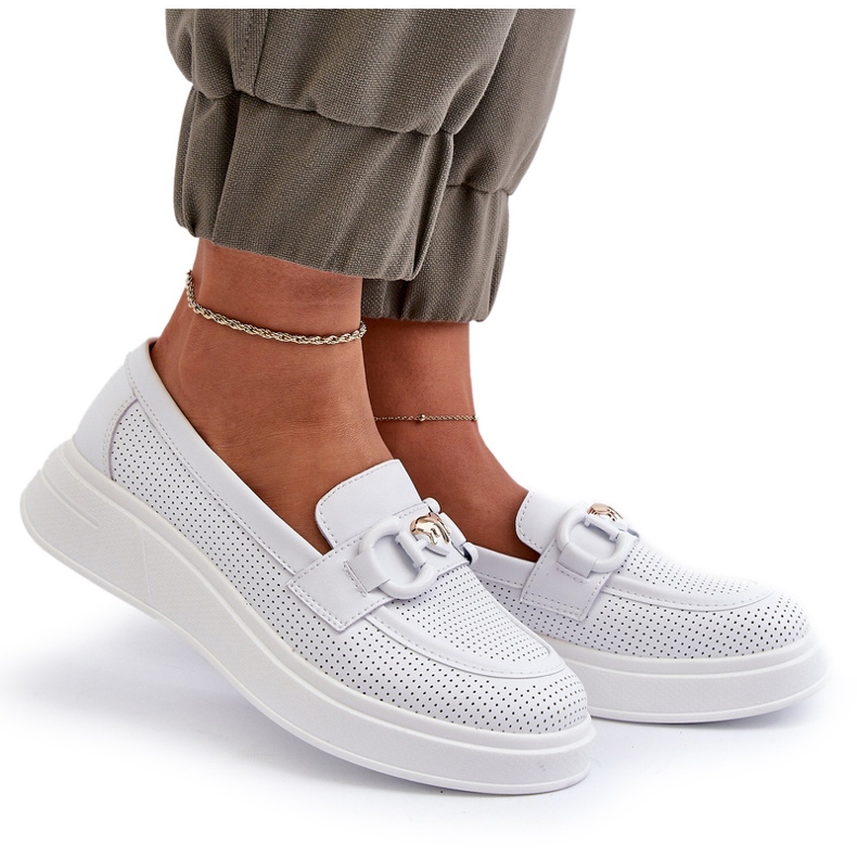 S.Barski Dámské kožené mokasíny na Platformě Białe S. Barski LR720 s ozdobou bílý 4