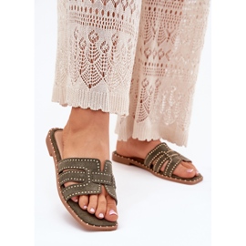 Zdobené ploché žabky zelený 2