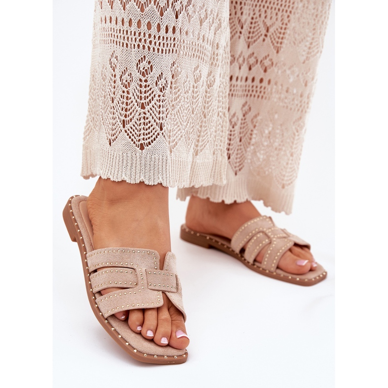 Zdobené ploché žabky khaki béžový 2