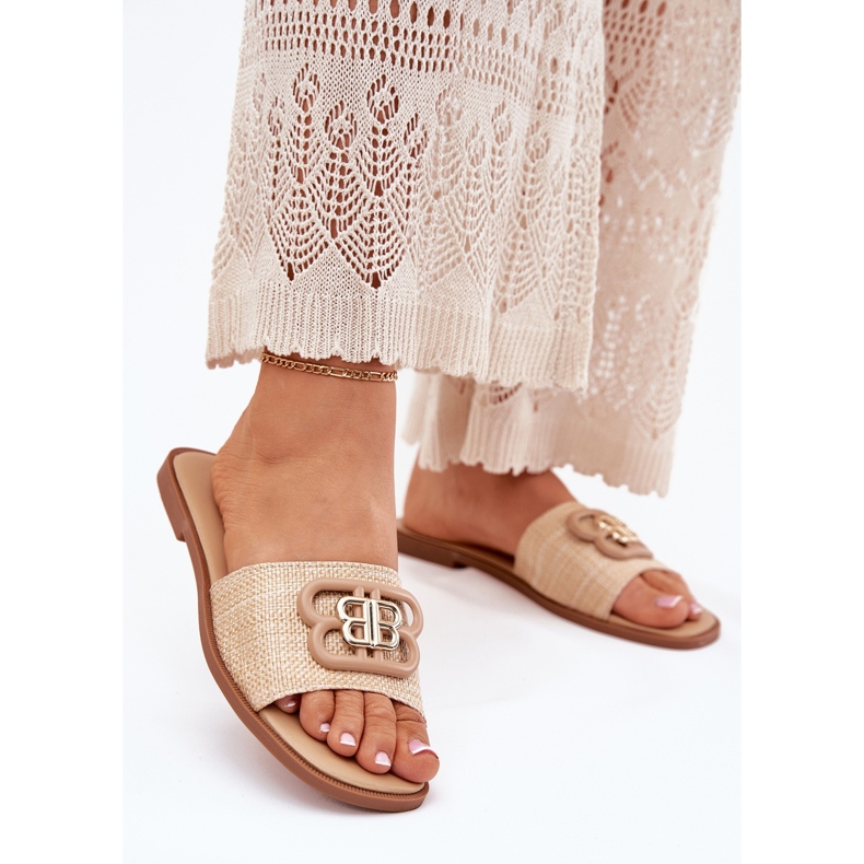 Ploché dámské žabky s ozdobnými detaily béžové béžový 2