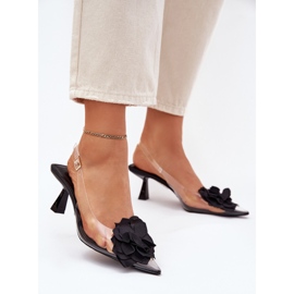 Transparentní sandály na vysoké patě s dekorativní květinou černou černá 2 Transparentní sandály na vysoké patě s dekorativní květinou černou černá 2
