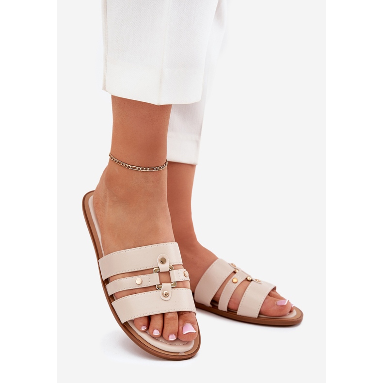 Ploché ženské žabky se zlatými detaily béžové béžový 1 Ploché ženské žabky se zlatými detaily béžové béžový 1